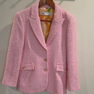 Zara Pink Tweed Blazer with Gold Accents